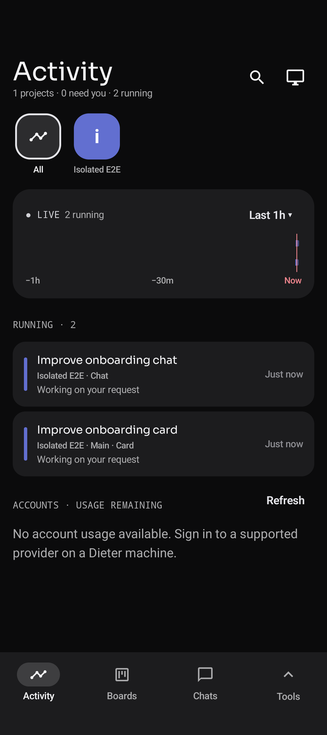 Android Activity feed showing sample onboarding tasks with runtime and machine information