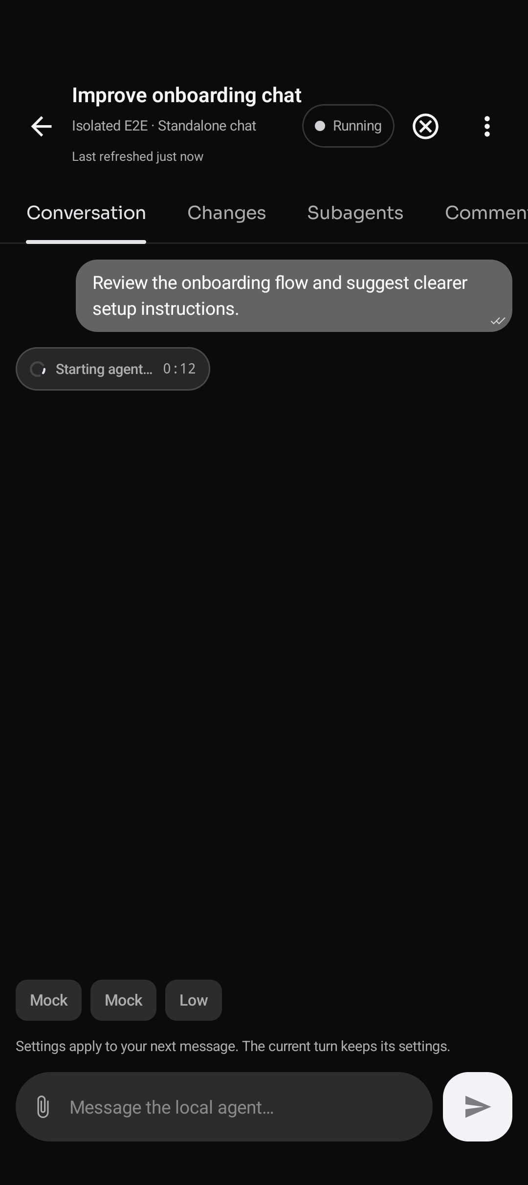 Android standalone conversation with an onboarding request and a starting mock agent