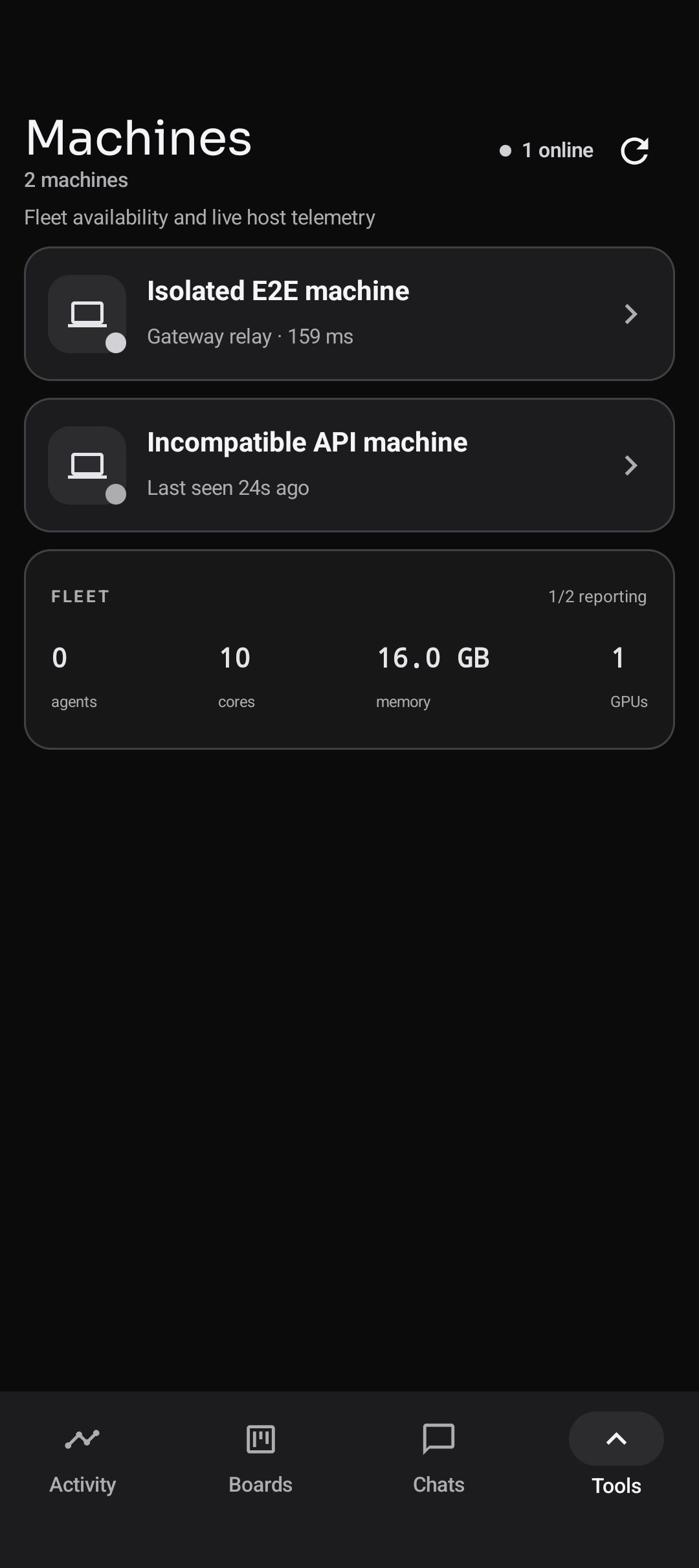 Android Machines screen with an online compatible host and an intentionally incompatible test host