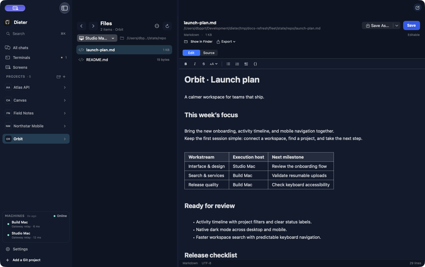Orbit project Files surface with launch-plan.md open in the native Markdown editor, including a workstream and execution-host table