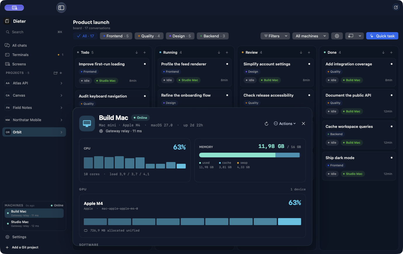 Build Mac information popover over the Orbit board, showing online status, gateway route, CPU, memory, and GPU telemetry