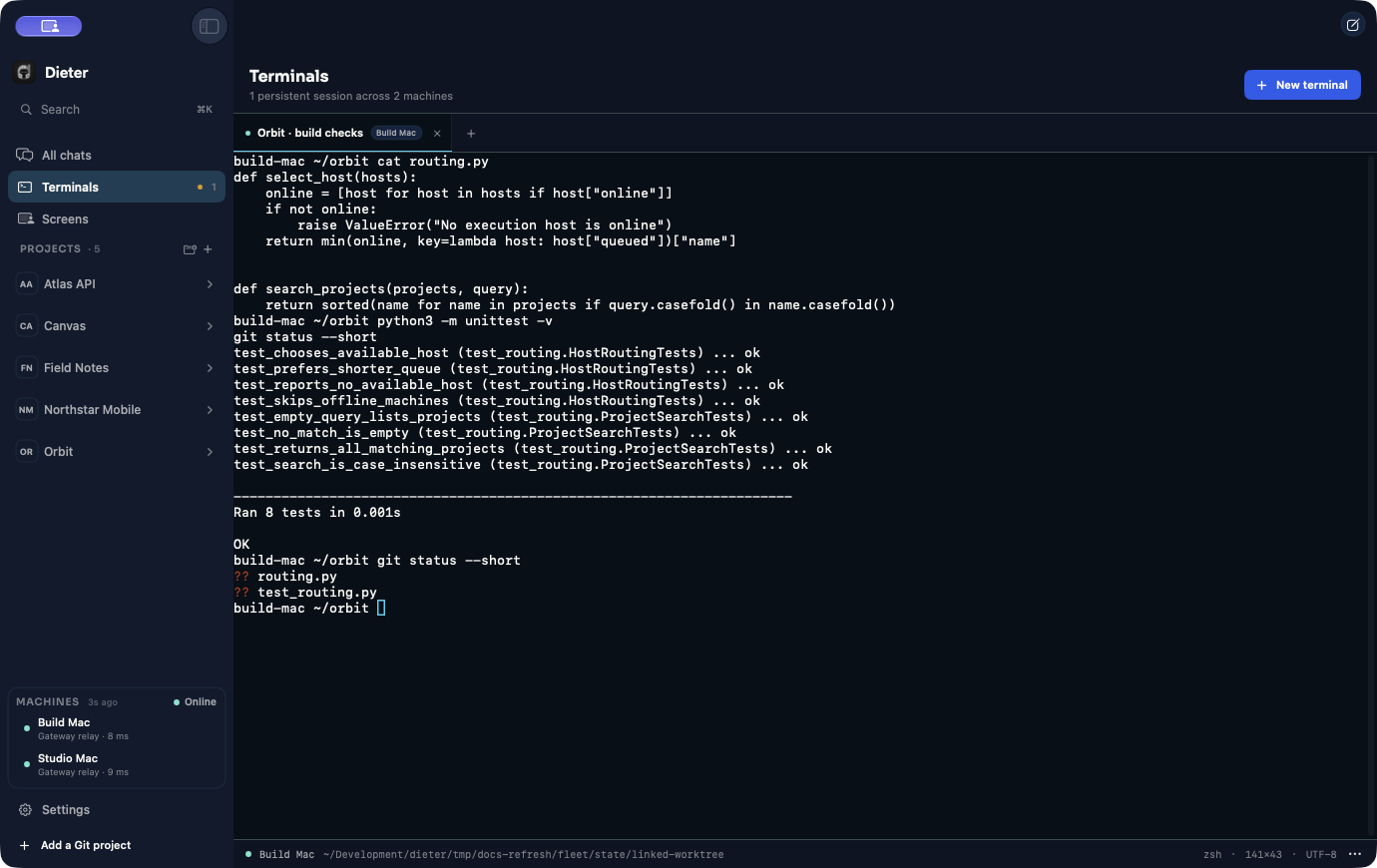 Native terminal on Build Mac showing Python source, eight passing demo tests, and Git working-tree status